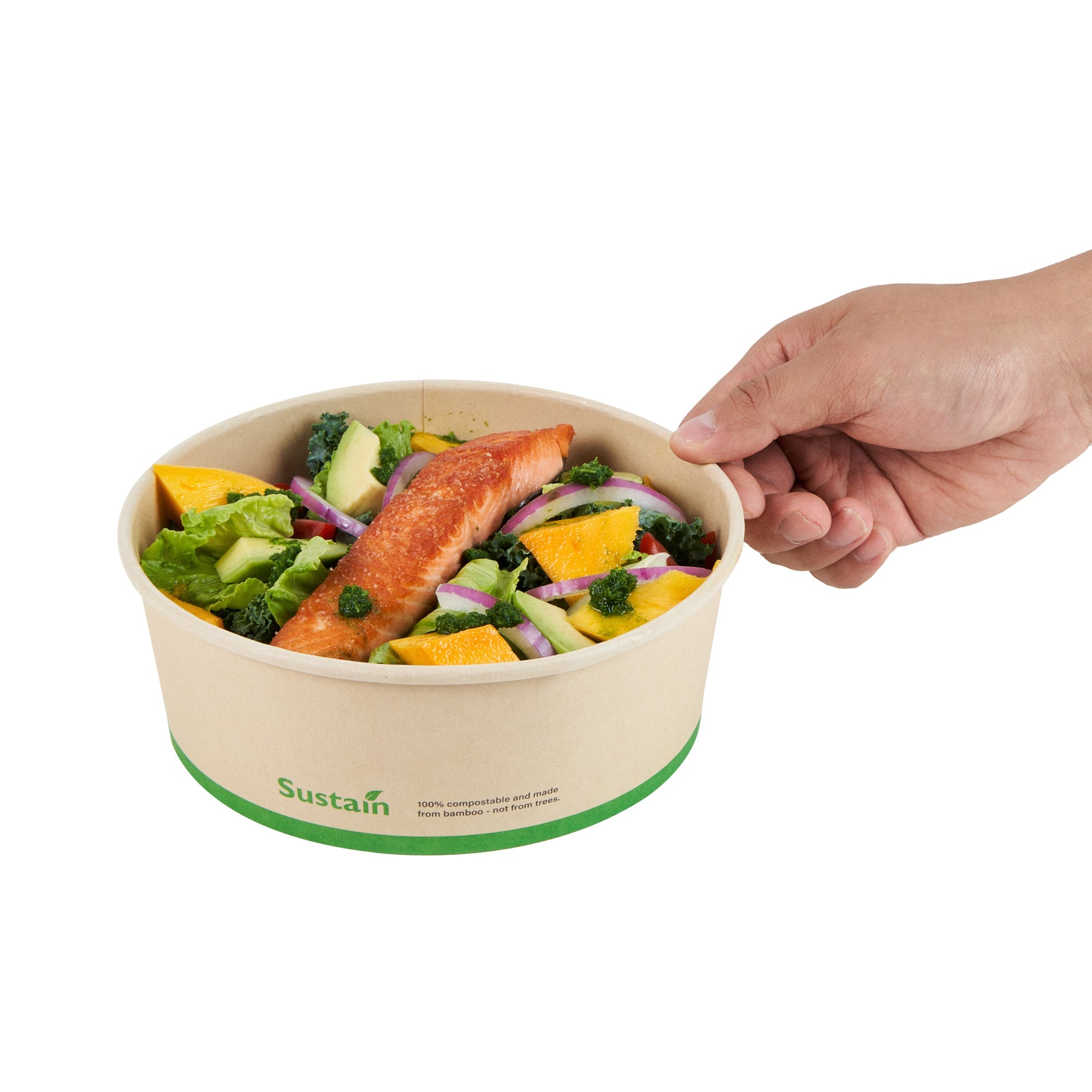Sustain 44 oz Round Bamboo Paper Salad Container - with PLA Lining, Compostable - 7 1/4" x 7 1/4" x 2 1/2" - 200 count box