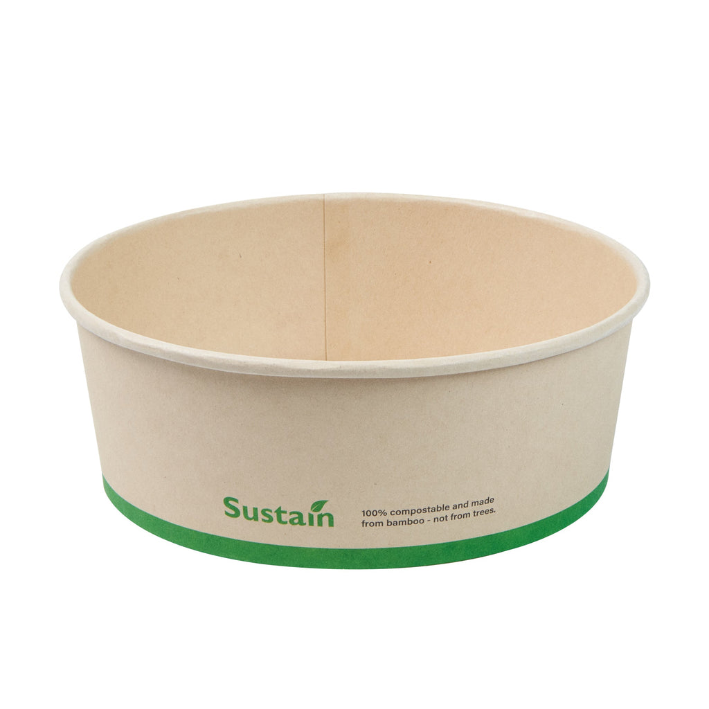 Sustain 44 oz Round Bamboo Paper Salad Container - with PLA Lining, Compostable - 7 1/4" x 7 1/4" x 2 1/2" - 200 count box