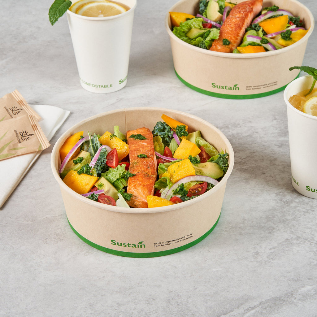 Sustain 44 oz Round Bamboo Paper Salad Container - with PLA Lining, Compostable - 7 1/4" x 7 1/4" x 2 1/2" - 200 count box