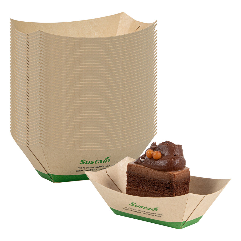 Sustain 2 oz Bamboo Paper Food Tray / Boat - with PLA Lining, Compostable - 2" x 3/4" x 1 1/4" - 400 count box
