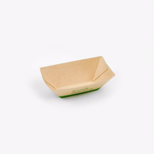 Sustain 2 oz Bamboo Paper Food Tray / Boat - with PLA Lining, Compostable - 2" x 3/4" x 1 1/4" - 50 count box