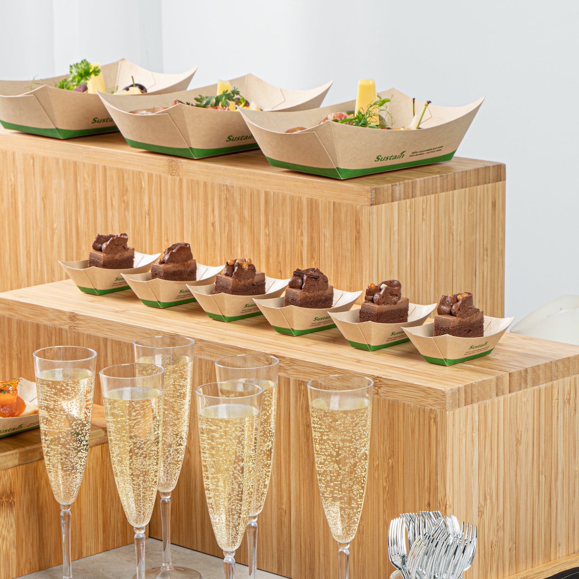Sustain 2 oz Bamboo Paper Food Tray / Boat - with PLA Lining, Compostable - 2" x 3/4" x 1 1/4" - 50 count box