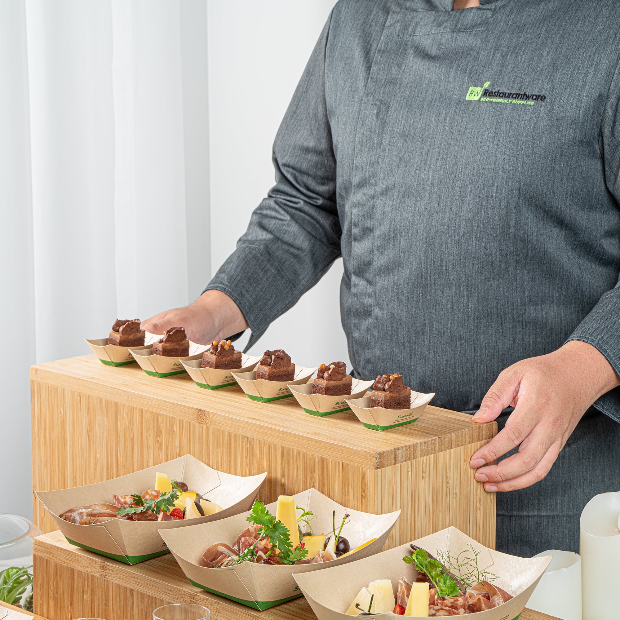 Sustain 2 oz Bamboo Paper Food Tray / Boat - with PLA Lining, Compostable - 2" x 3/4" x 1 1/4" - 50 count box