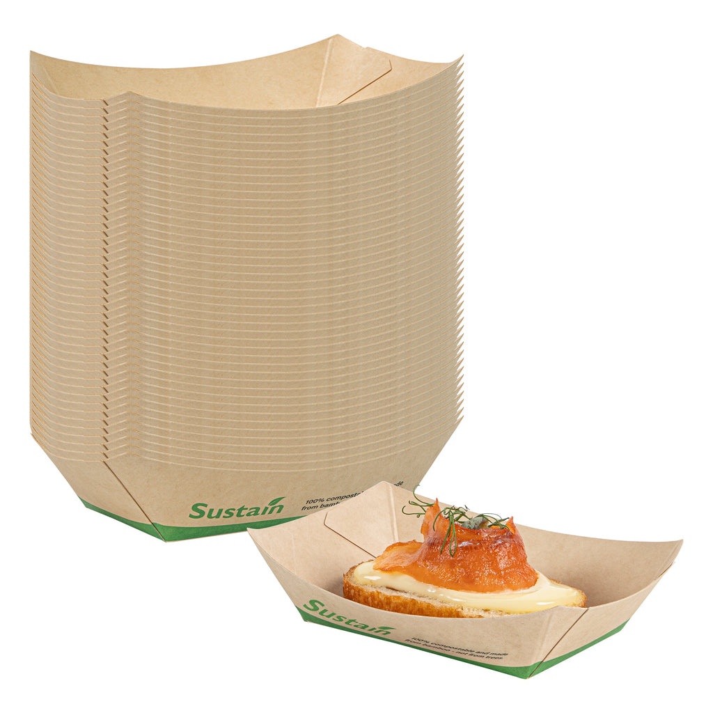 Sustain 4 oz Bamboo Paper # 25 Food Tray / Boat - with PLA Lining, Compostable - 3" x 2" x 1" - 400 count box