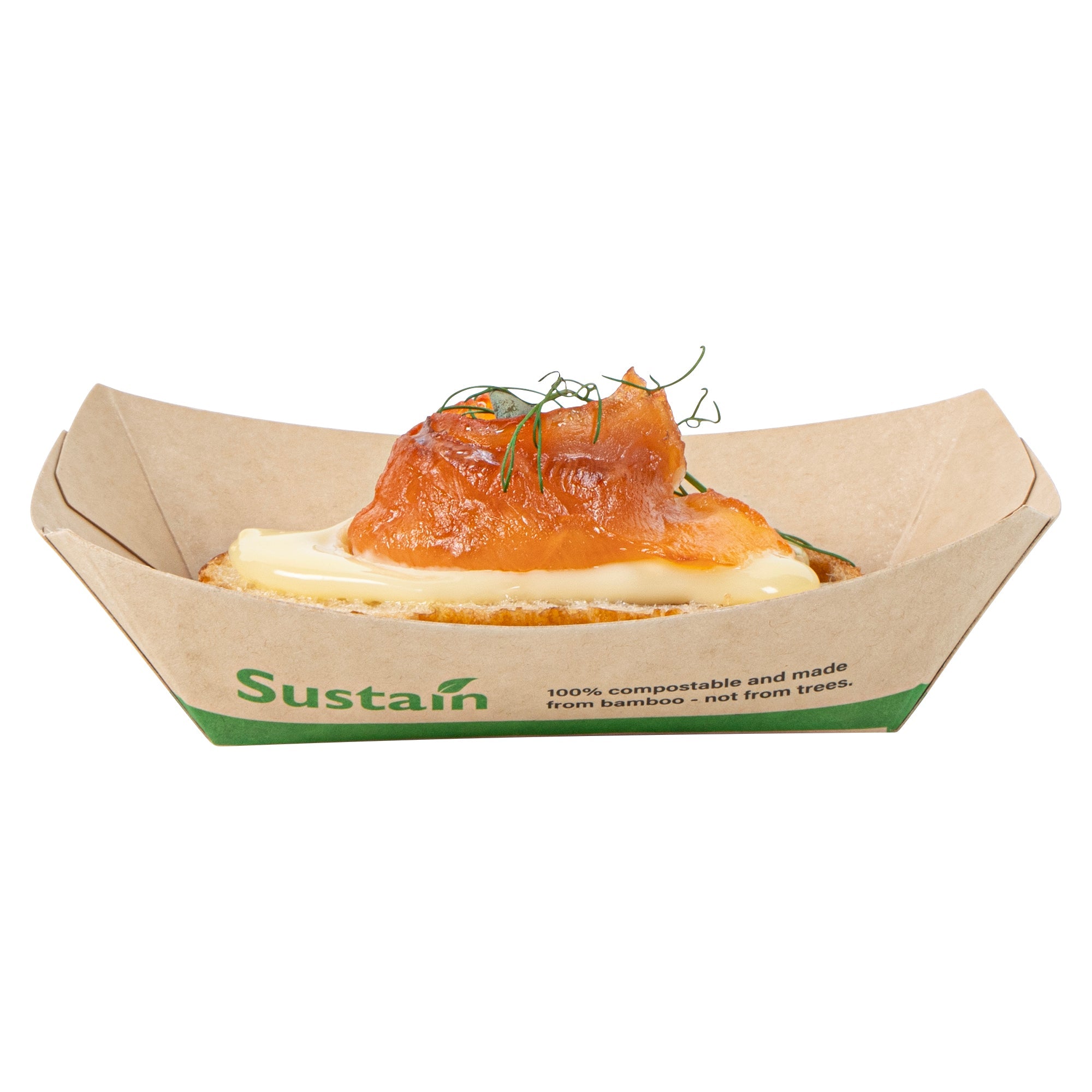Sustain 4 oz Bamboo Paper # 25 Food Tray / Boat - with PLA Lining, Compostable - 3" x 2" x 1" - 50 count box