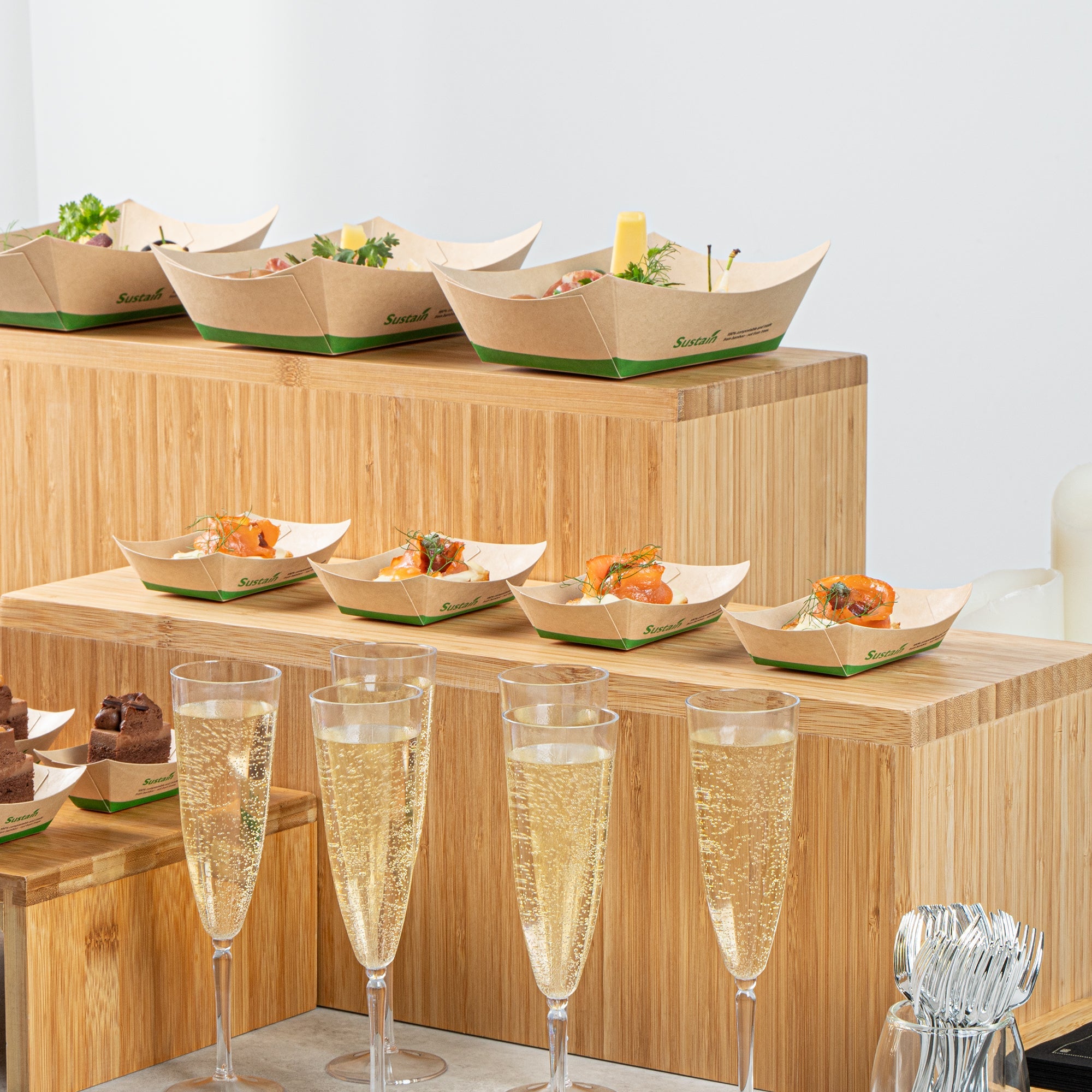 Sustain 4 oz Bamboo Paper # 25 Food Tray / Boat - with PLA Lining, Compostable - 3" x 2" x 1" - 50 count box