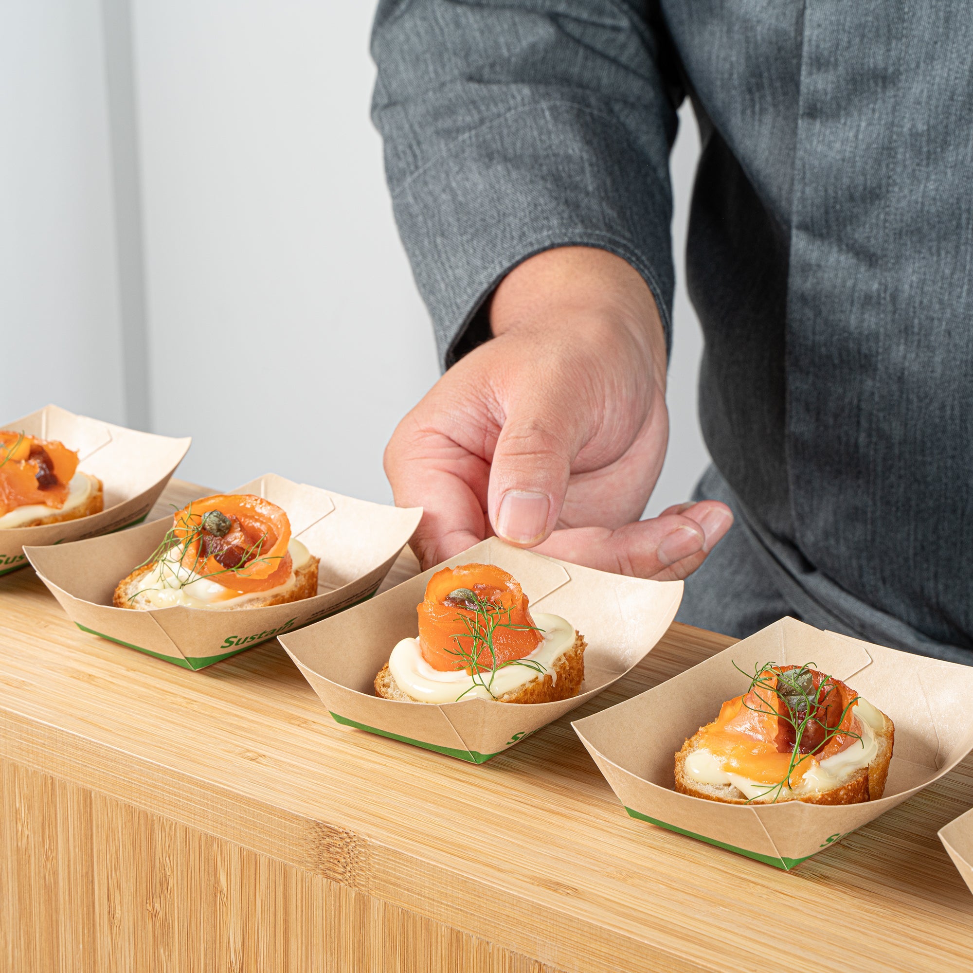 Sustain 4 oz Bamboo Paper # 25 Food Tray / Boat - with PLA Lining, Compostable - 3" x 2" x 1" - 50 count box