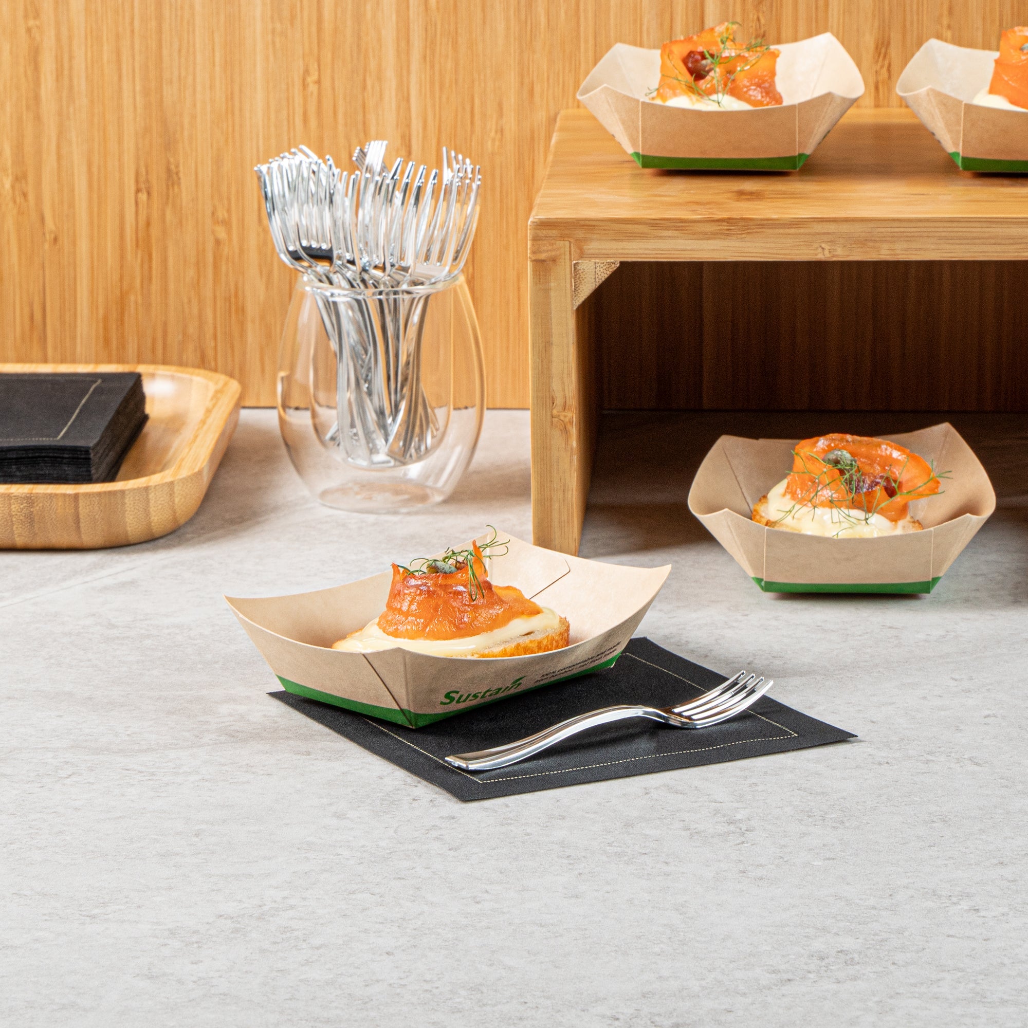 Sustain 4 oz Bamboo Paper # 25 Food Tray / Boat - with PLA Lining, Compostable - 3" x 2" x 1" - 50 count box