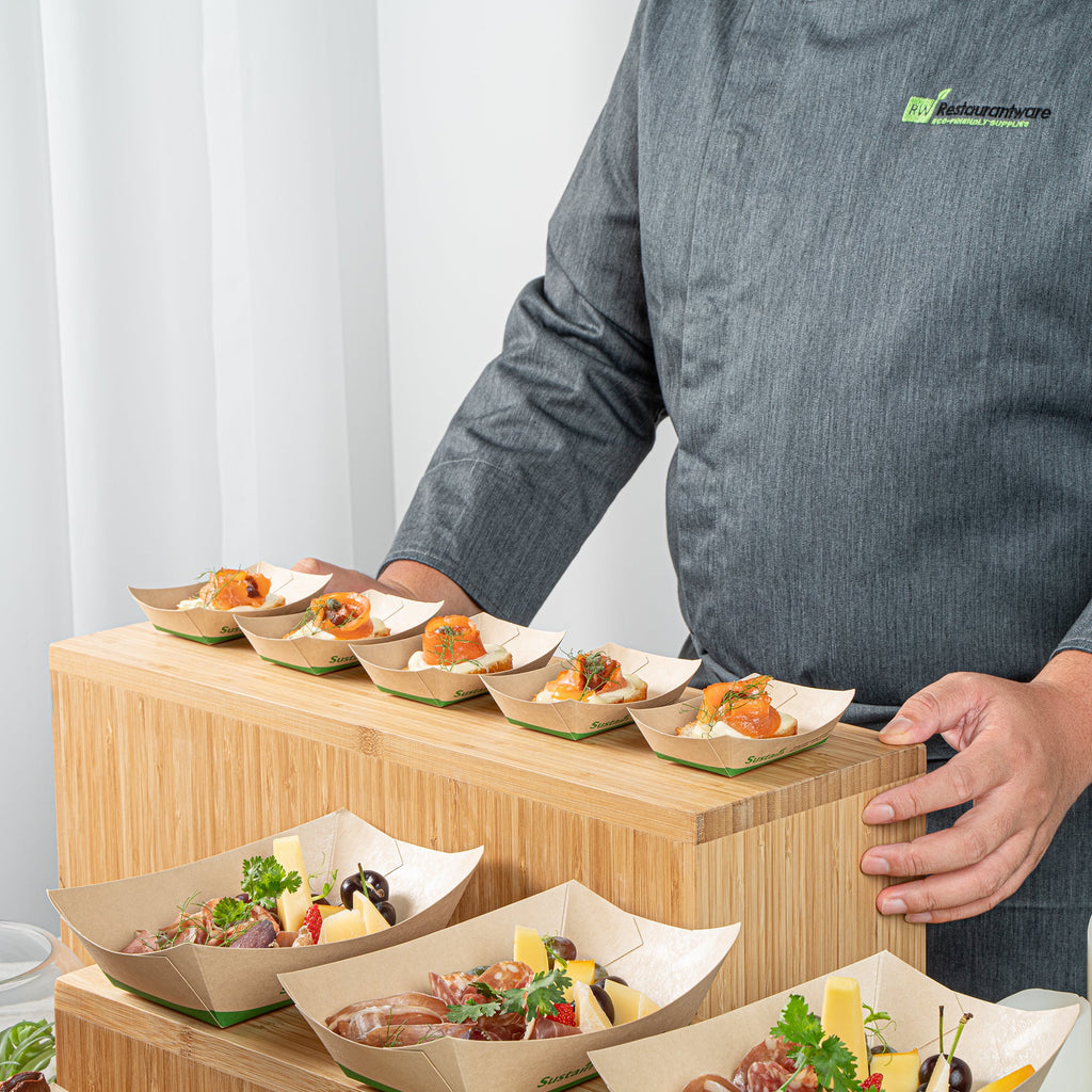 Sustain 4 oz Bamboo Paper # 25 Food Tray / Boat - with PLA Lining, Compostable - 3" x 2" x 1" - 400 count box