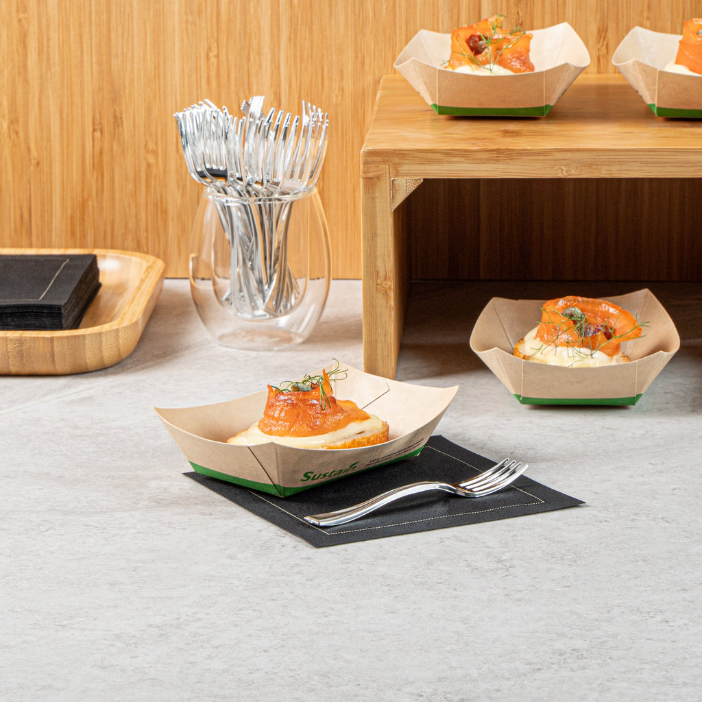 Sustain 4 oz Bamboo Paper # 25 Food Tray / Boat - with PLA Lining, Compostable - 3" x 2" x 1" - 400 count box