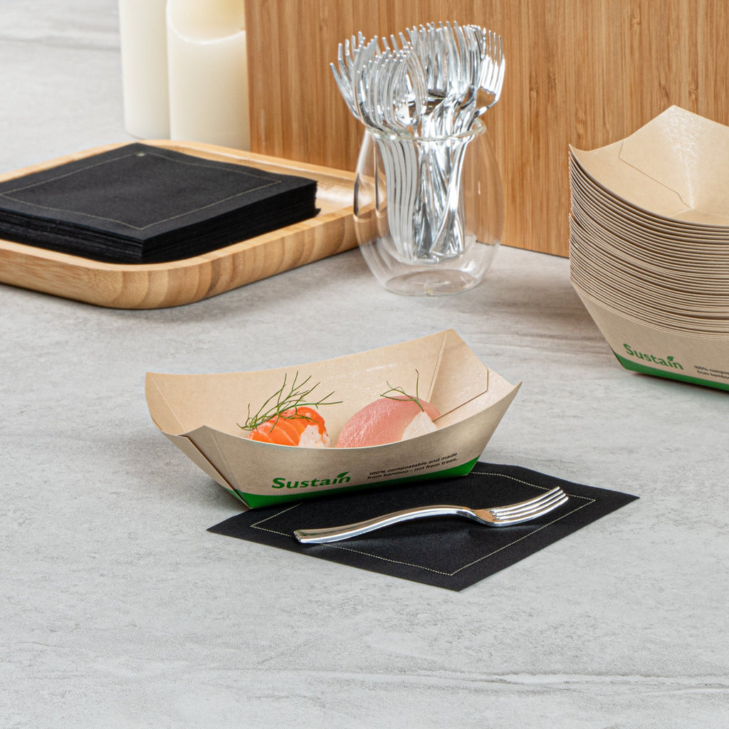 Sustain 6 oz Bamboo Paper #40 Food Tray / Boat - with PLA Lining, Compostable - 3 1/4" x 2" x 1 1/2" - 400 count box