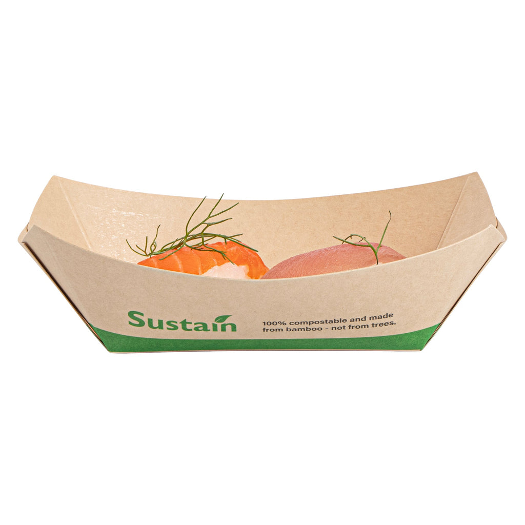 Sustain 6 oz Bamboo Paper #40 Food Tray / Boat - with PLA Lining, Compostable - 3 1/4" x 2" x 1 1/2" - 50 count box
