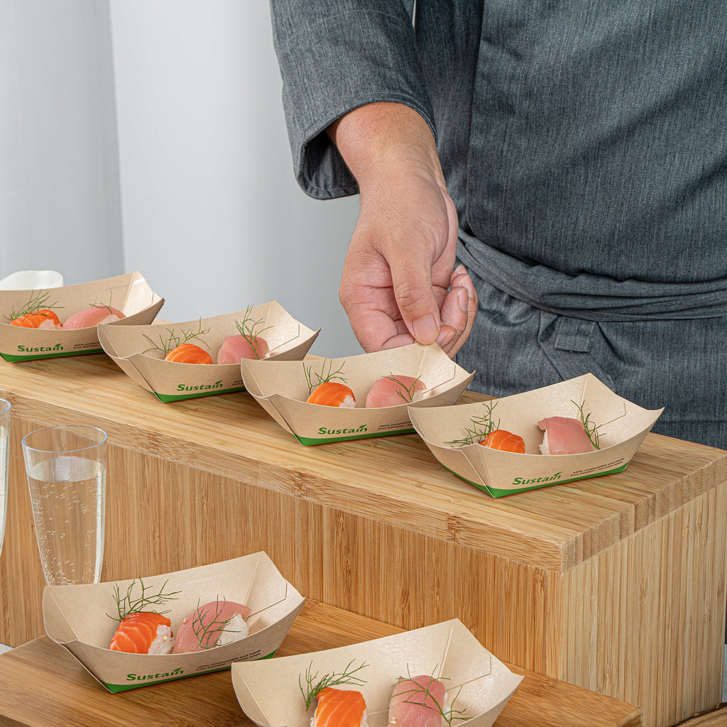 Sustain 6 oz Bamboo Paper #40 Food Tray / Boat - with PLA Lining, Compostable - 3 1/4" x 2" x 1 1/2" - 50 count box