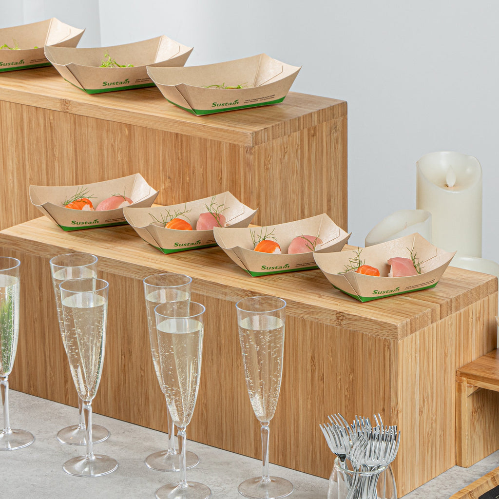 Sustain 6 oz Bamboo Paper #40 Food Tray / Boat - with PLA Lining, Compostable - 3 1/4" x 2" x 1 1/2" - 50 count box