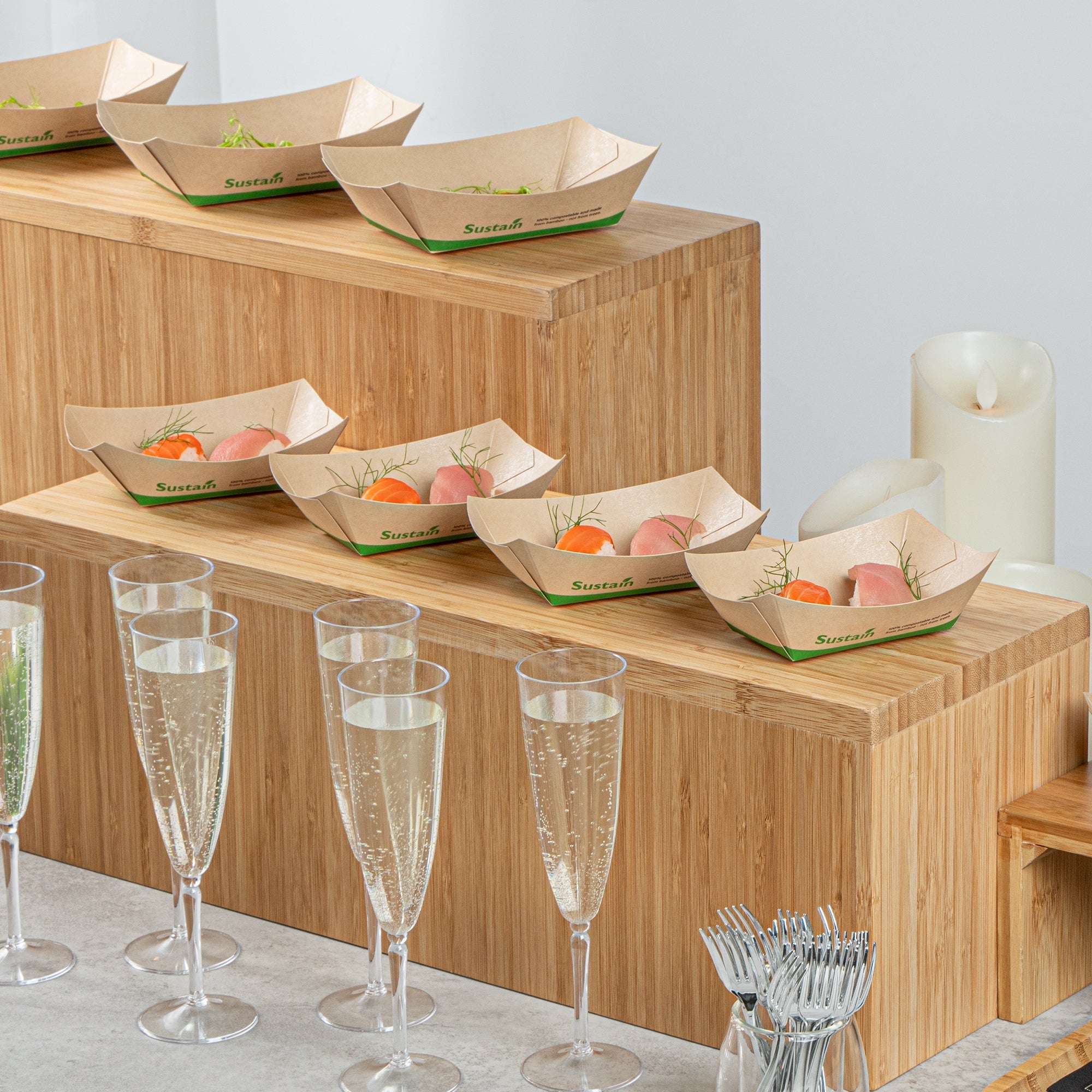 Sustain 6 oz Bamboo Paper #40 Food Tray / Boat - with PLA Lining, Compostable - 3 1/4" x 2" x 1 1/2" - 50 count box