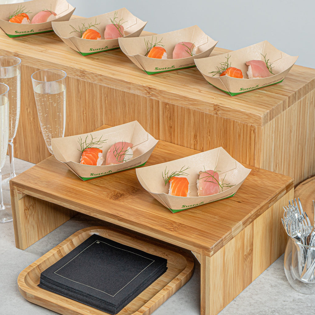 Sustain 6 oz Bamboo Paper #40 Food Tray / Boat - with PLA Lining, Compostable - 3 1/4" x 2" x 1 1/2" - 50 count box
