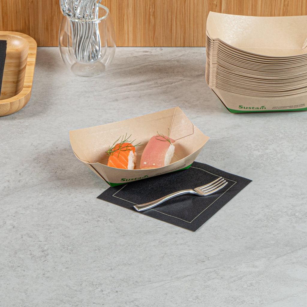 Sustain 6 oz Bamboo Paper #40 Food Tray / Boat - with PLA Lining, Compostable - 3 1/4" x 2" x 1 1/2" - 50 count box