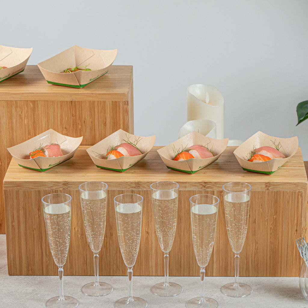 Sustain 6 oz Bamboo Paper #40 Food Tray / Boat - with PLA Lining, Compostable - 3 1/4" x 2" x 1 1/2" - 400 count box