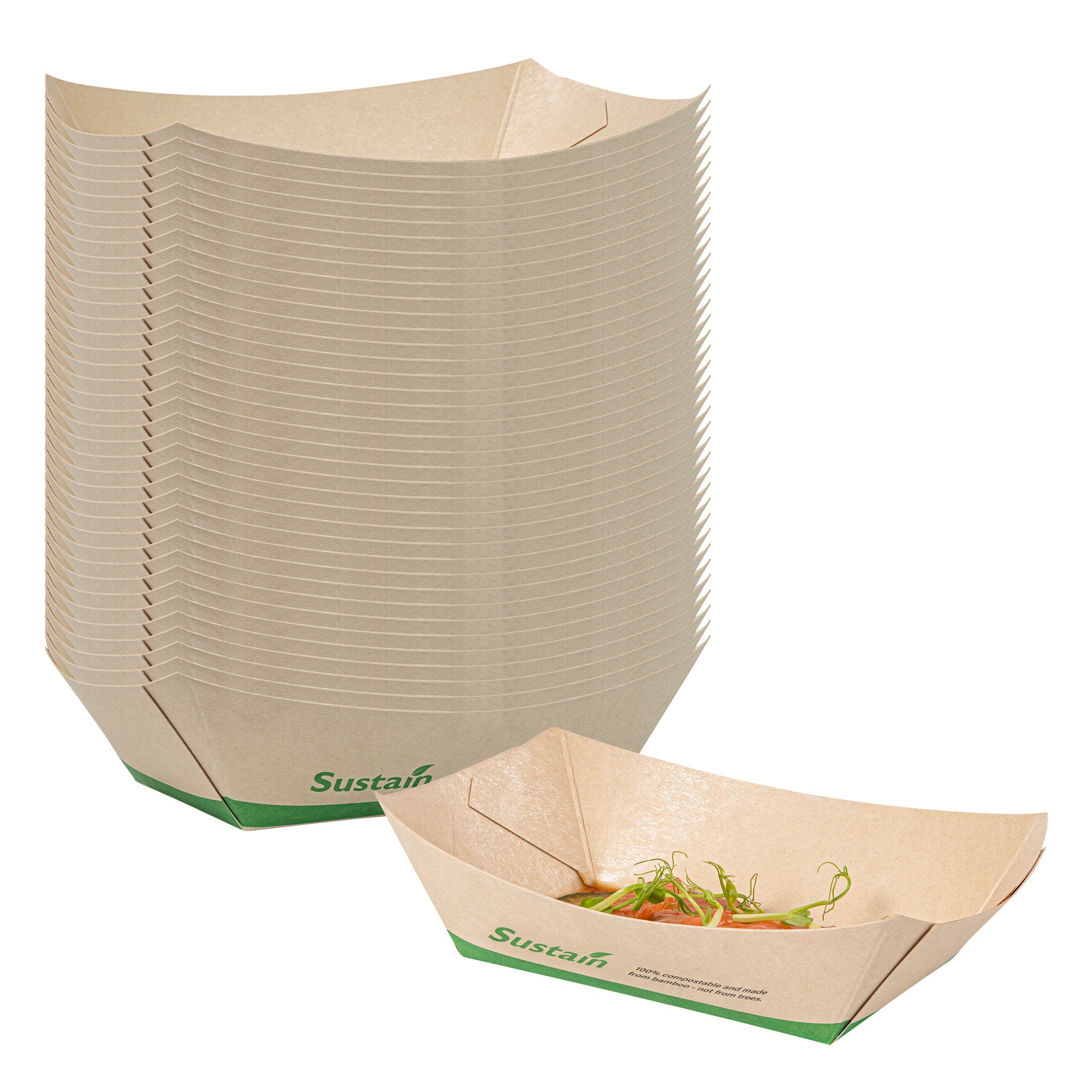 Sustain 1/2 lb Bamboo Paper #50 Food Tray / Boat - with PLA Lining, Compostable - 4 1/4" x 2 3/4" x 1 1/2" - 50 count box