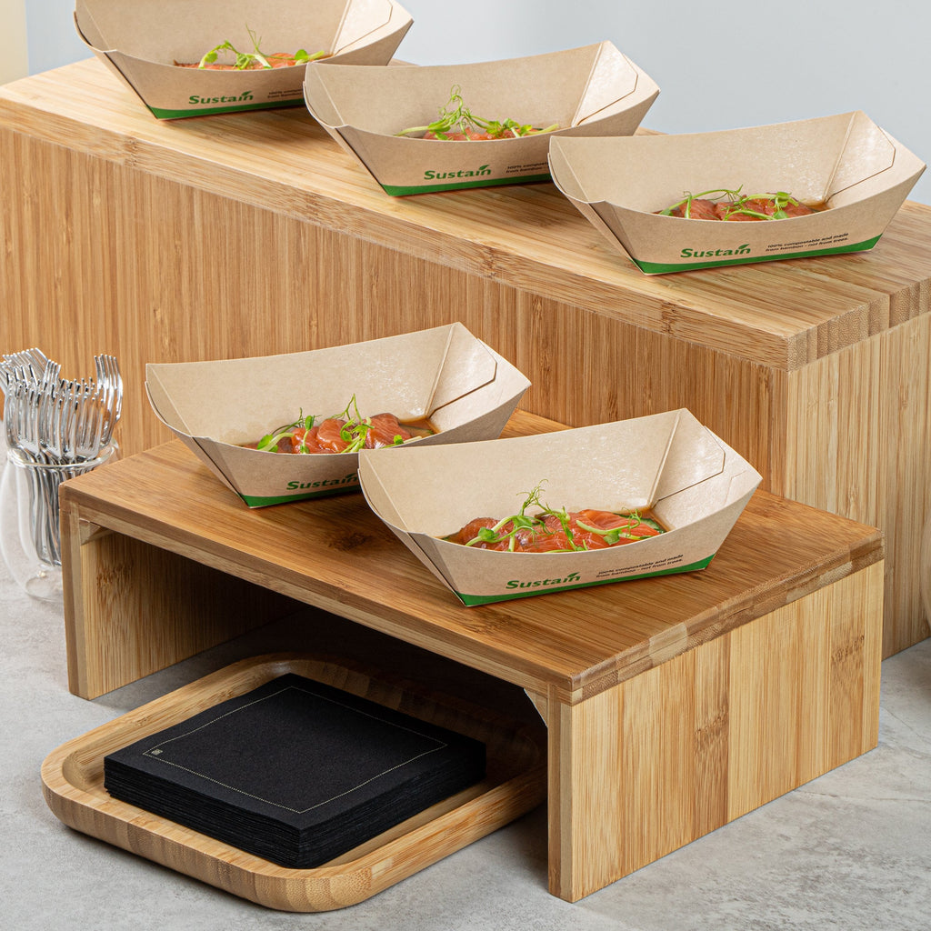 Sustain 1/2 lb Bamboo Paper #50 Food Tray / Boat - with PLA Lining, Compostable - 4 1/4" x 2 3/4" x 1 1/2" - 50 count box