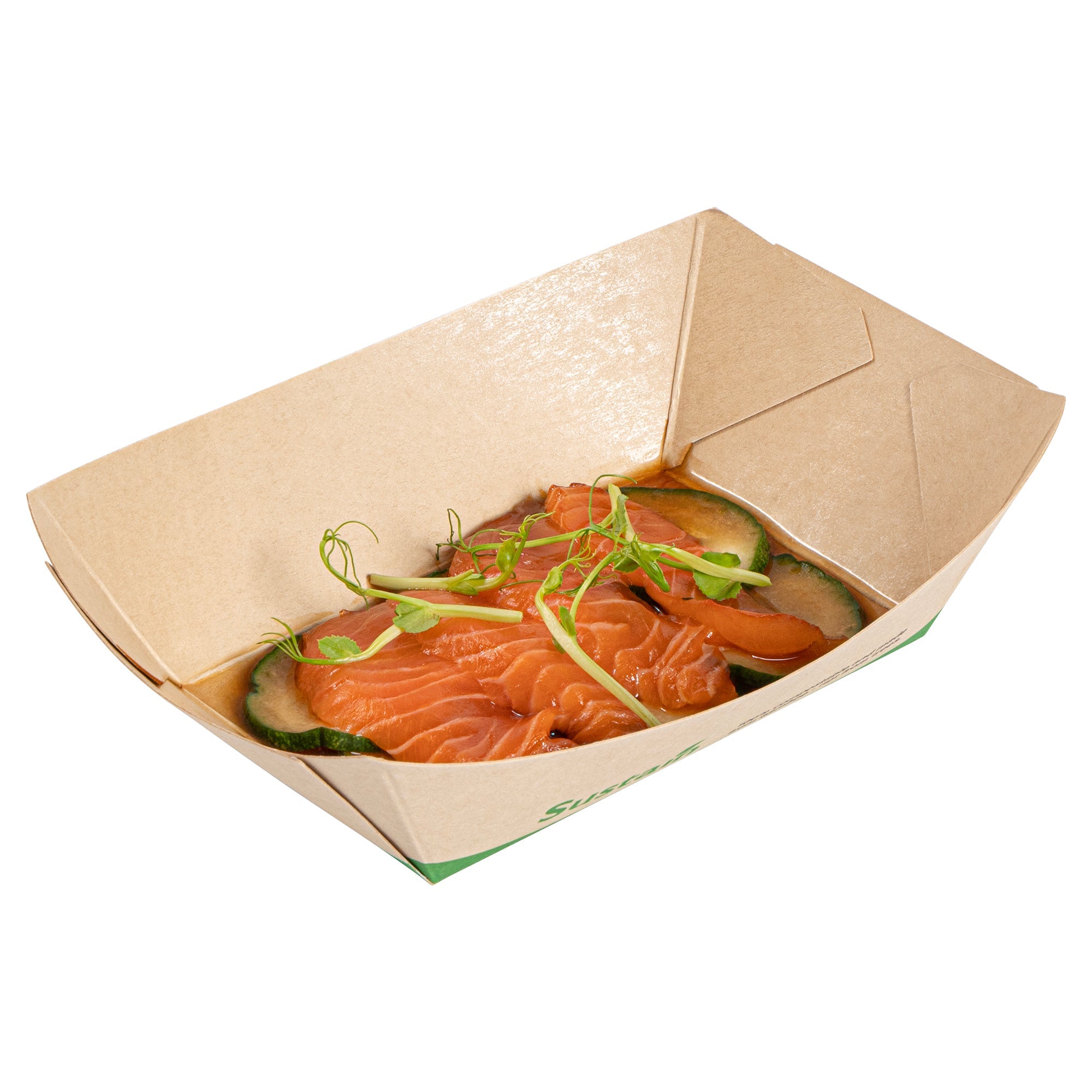 Sustain 1/2 lb Bamboo Paper #50 Food Tray / Boat - with PLA Lining, Compostable - 4 1/4" x 2 3/4" x 1 1/2" - 50 count box