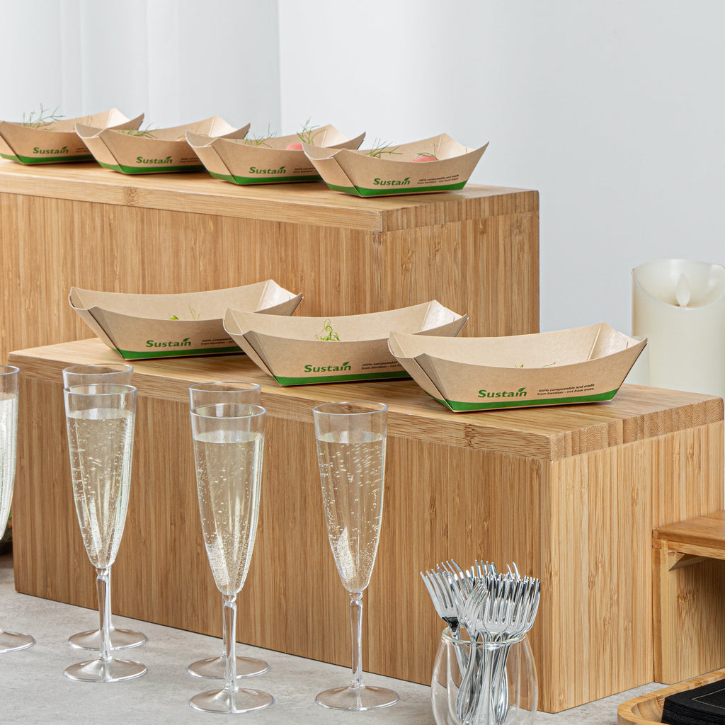Sustain 1/2 lb Bamboo Paper #50 Food Tray / Boat - with PLA Lining, Compostable - 4 1/4" x 2 3/4" x 1 1/2" - 50 count box