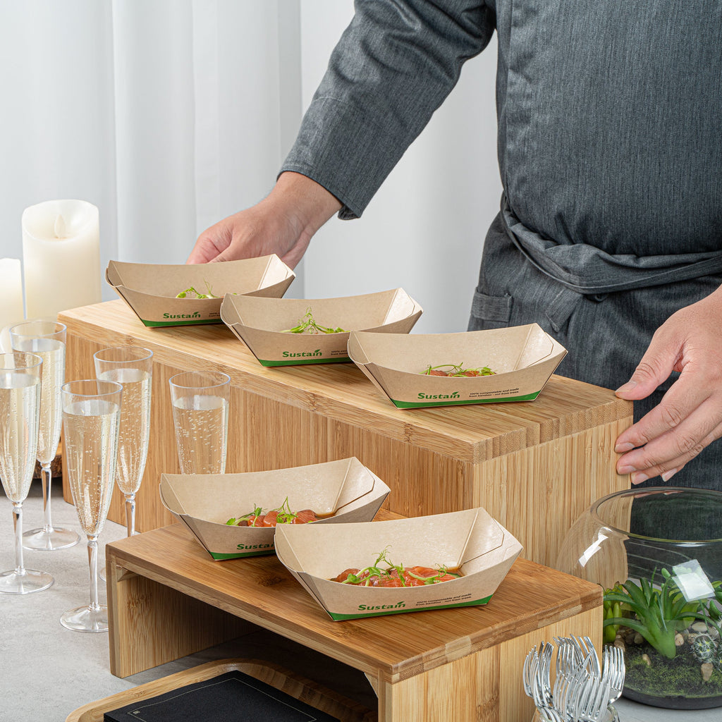 Sustain 1/2 lb Bamboo Paper #50 Food Tray / Boat - with PLA Lining, Compostable - 4 1/4" x 2 3/4" x 1 1/2" - 50 count box