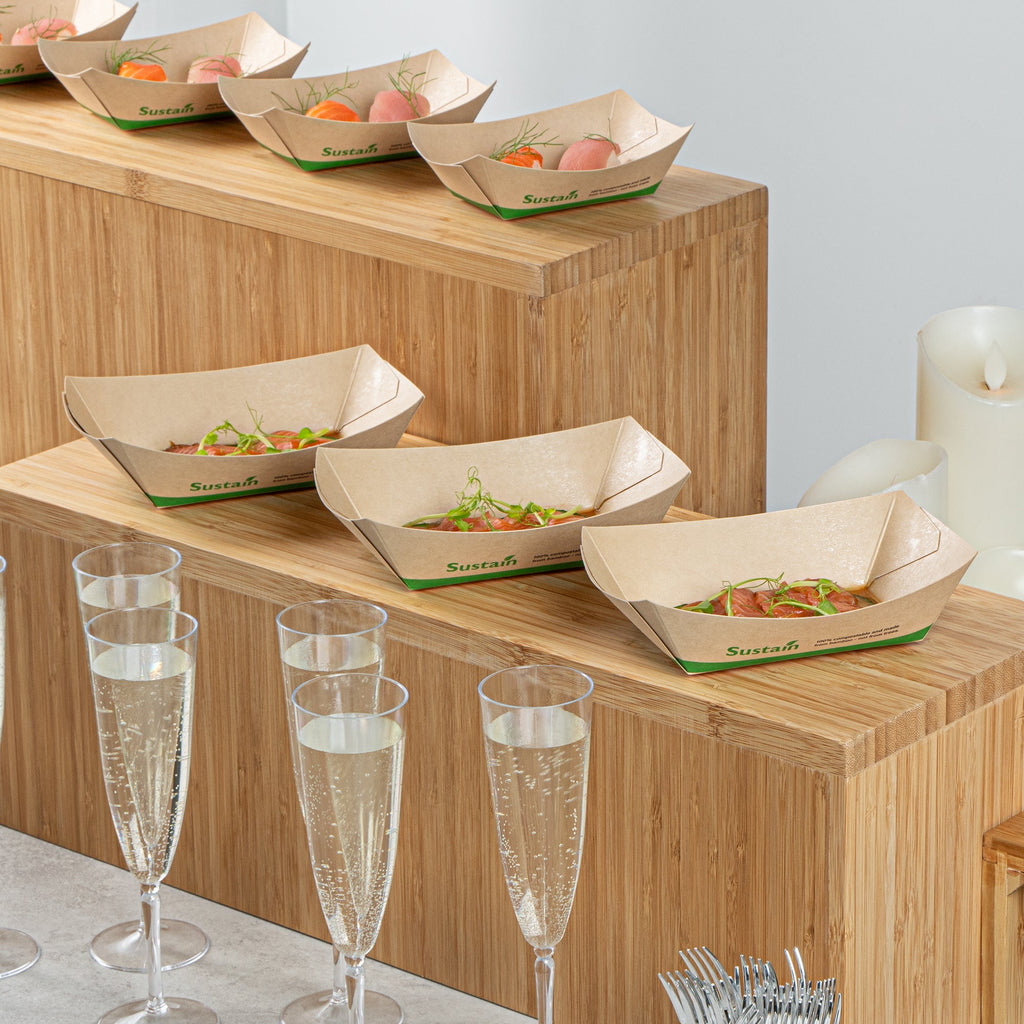 Sustain 1/2 lb Bamboo Paper #50 Food Tray / Boat - with PLA Lining, Compostable - 4 1/4" x 2 3/4" x 1 1/2" - 50 count box