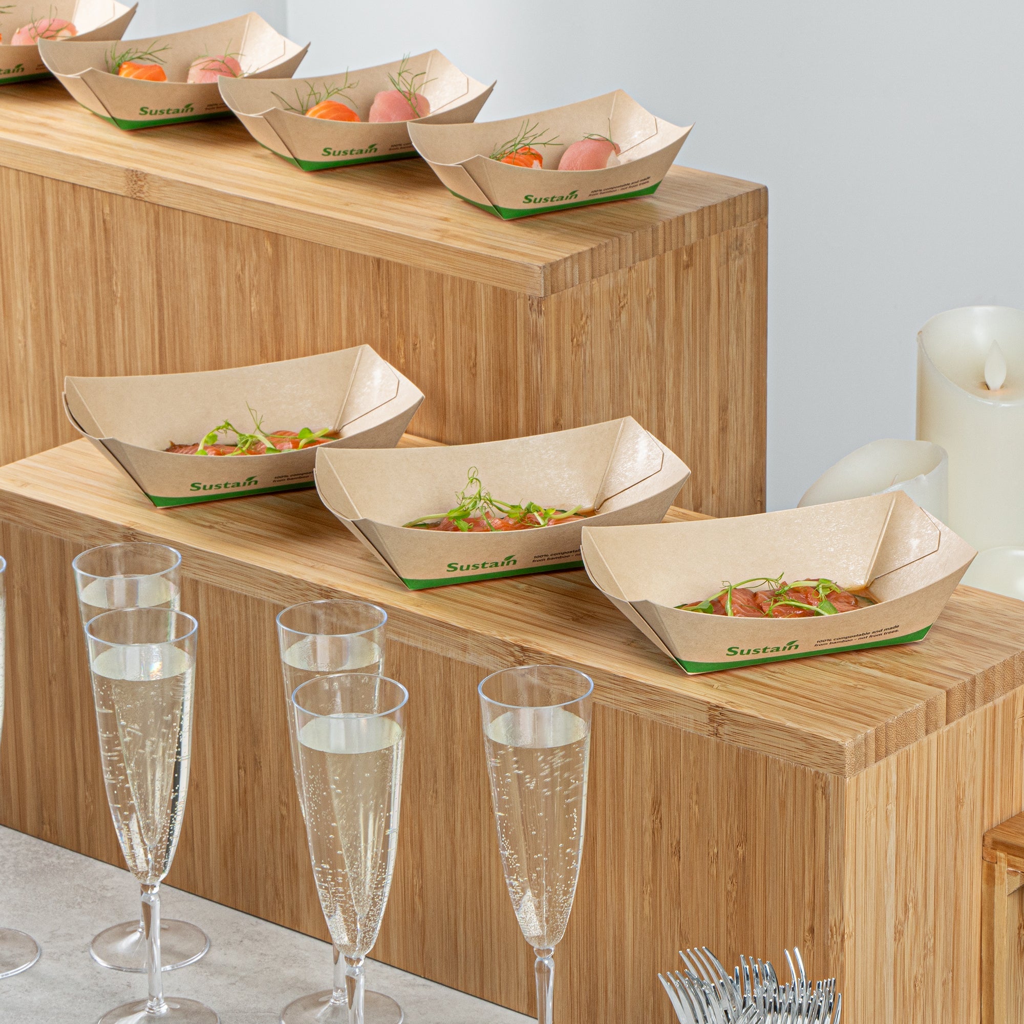Sustain 1/2 lb Bamboo Paper #50 Food Tray / Boat - with PLA Lining, Compostable - 4 1/4" x 2 3/4" x 1 1/2" - 50 count box