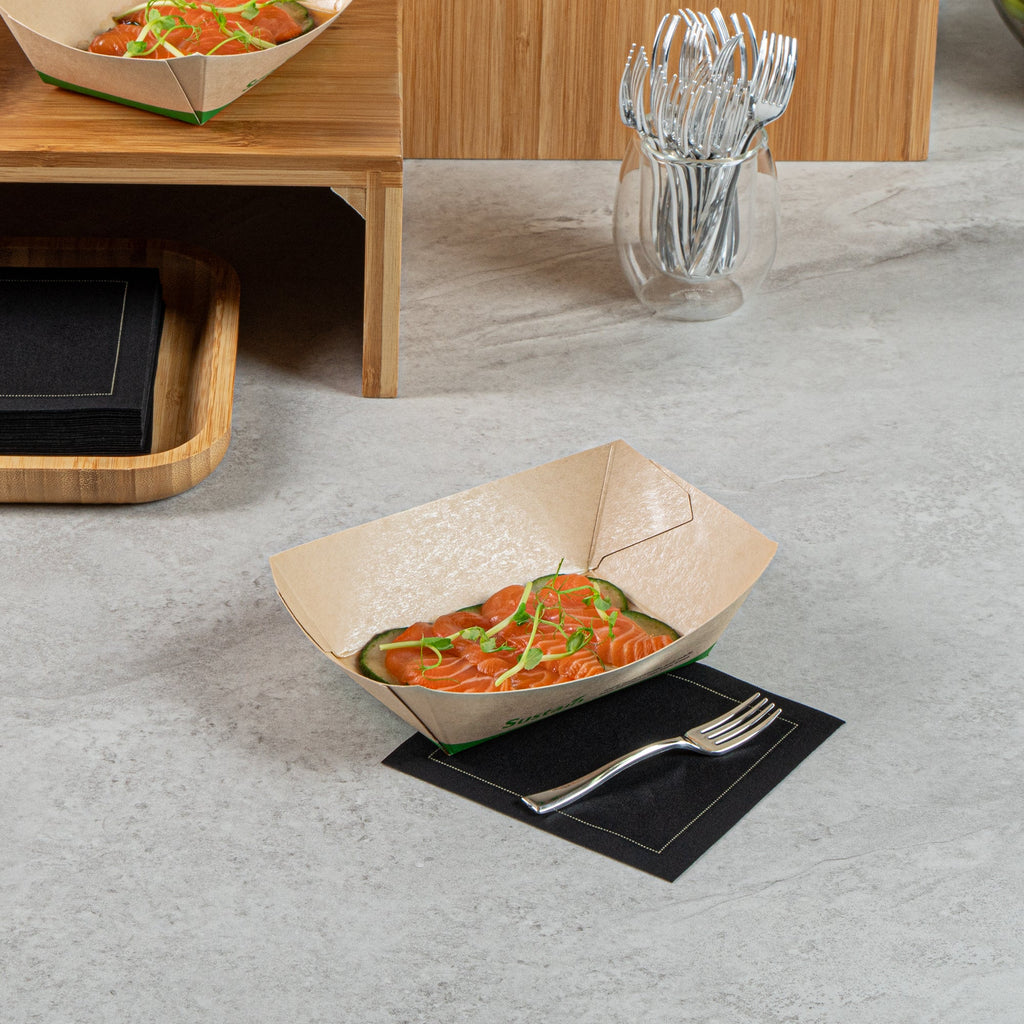 Sustain 1/2 lb Bamboo Paper #50 Food Tray / Boat - with PLA Lining, Compostable - 4 1/4" x 2 3/4" x 1 1/2" - 50 count box