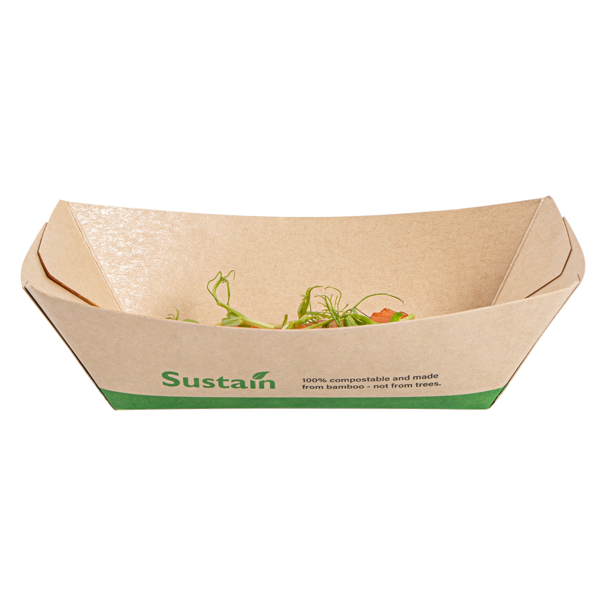 Sustain 1/2 lb Bamboo Paper #50 Food Tray / Boat - with PLA Lining, Compostable - 4 1/4" x 2 3/4" x 1 1/2" - 400 count box