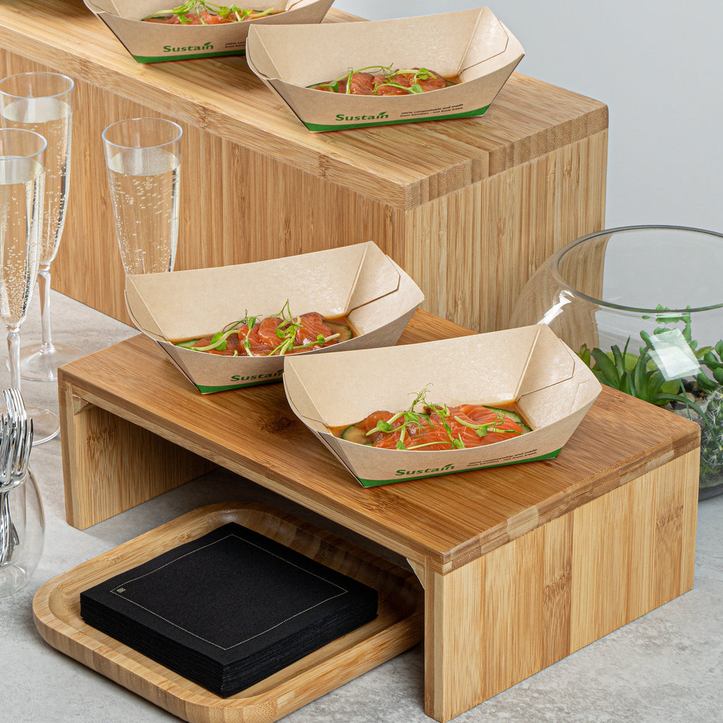 Sustain 1/2 lb Bamboo Paper #50 Food Tray / Boat - with PLA Lining, Compostable - 4 1/4" x 2 3/4" x 1 1/2" - 400 count box