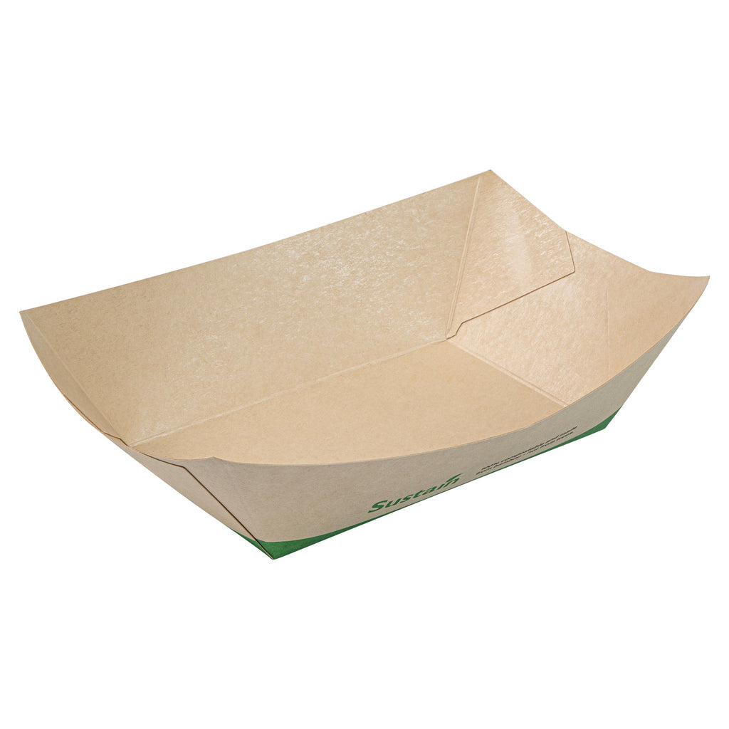 Sustain 1 lb Bamboo Paper #100 Food Tray / Boat - with PLA Lining, Compostable - 5 1/2" x 3 1/2" x 2" - 200 count box