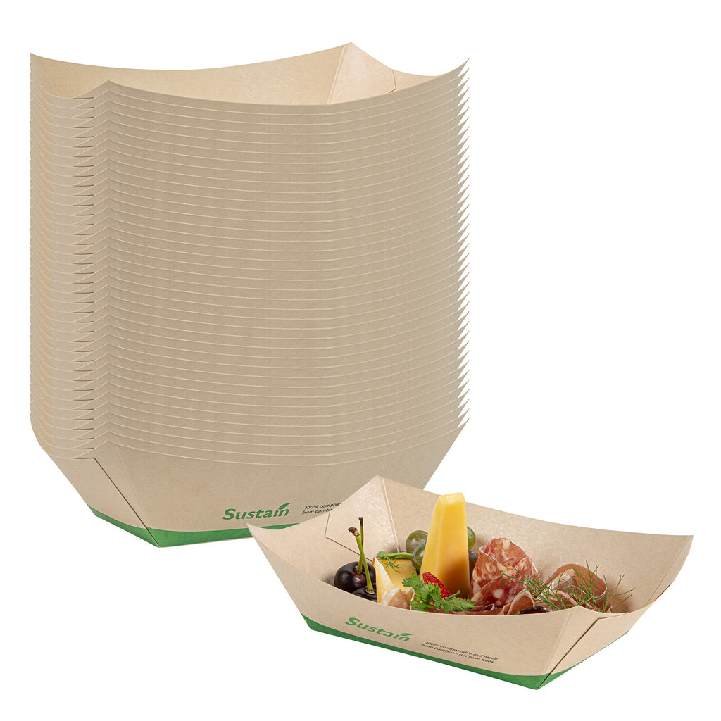 Sustain 1 lb Bamboo Paper #100 Food Tray / Boat - with PLA Lining, Compostable - 5 1/2" x 3 1/2" x 2" - 200 count box