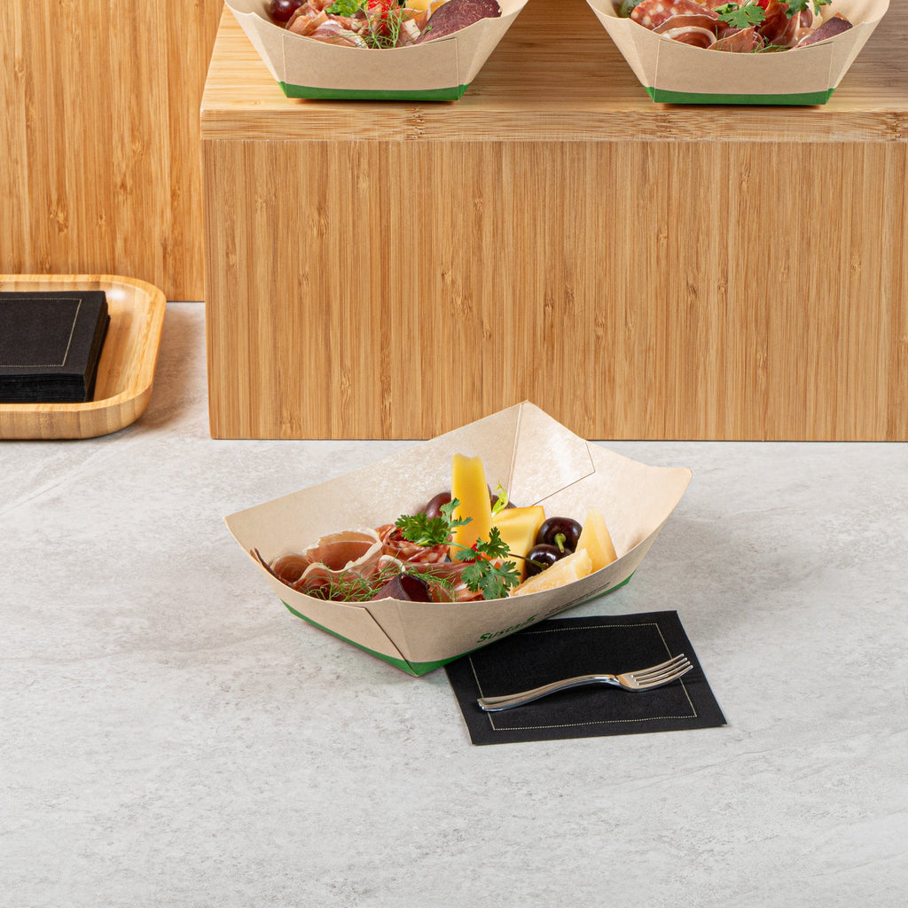 Sustain 1 lb Bamboo Paper #100 Food Tray / Boat - with PLA Lining, Compostable - 5 1/2" x 3 1/2" x 2" - 50 count box