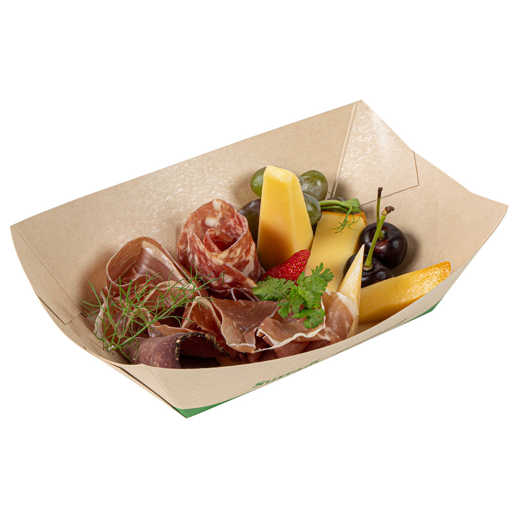 Sustain 1 lb Bamboo Paper #100 Food Tray / Boat - with PLA Lining, Compostable - 5 1/2" x 3 1/2" x 2" - 50 count box