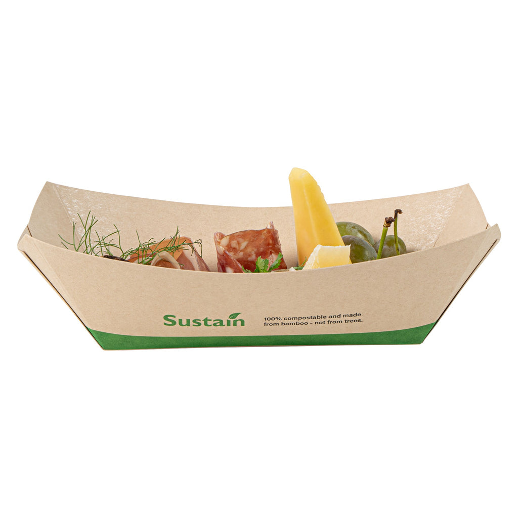 Sustain 1 lb Bamboo Paper #100 Food Tray / Boat - with PLA Lining, Compostable - 5 1/2" x 3 1/2" x 2" - 50 count box