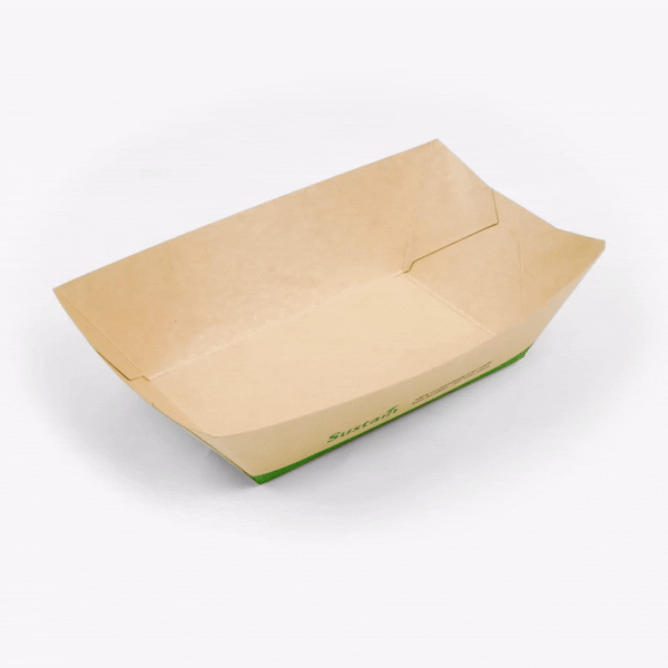 Sustain 1 lb Bamboo Paper #100 Food Tray / Boat - with PLA Lining, Compostable - 5 1/2" x 3 1/2" x 2" - 50 count box