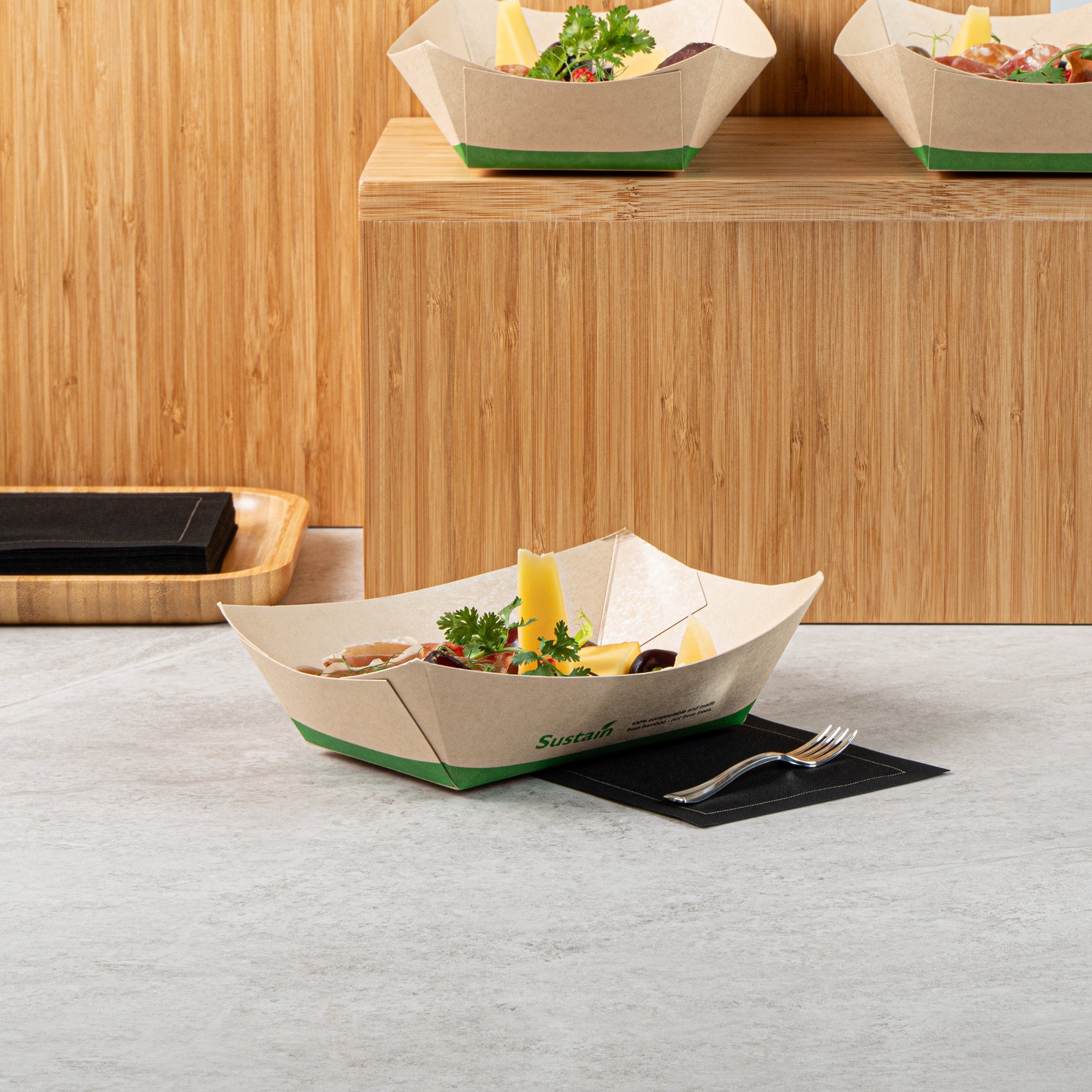 Sustain 1 lb Bamboo Paper #100 Food Tray / Boat - with PLA Lining, Compostable - 5 1/2" x 3 1/2" x 2" - 50 count box
