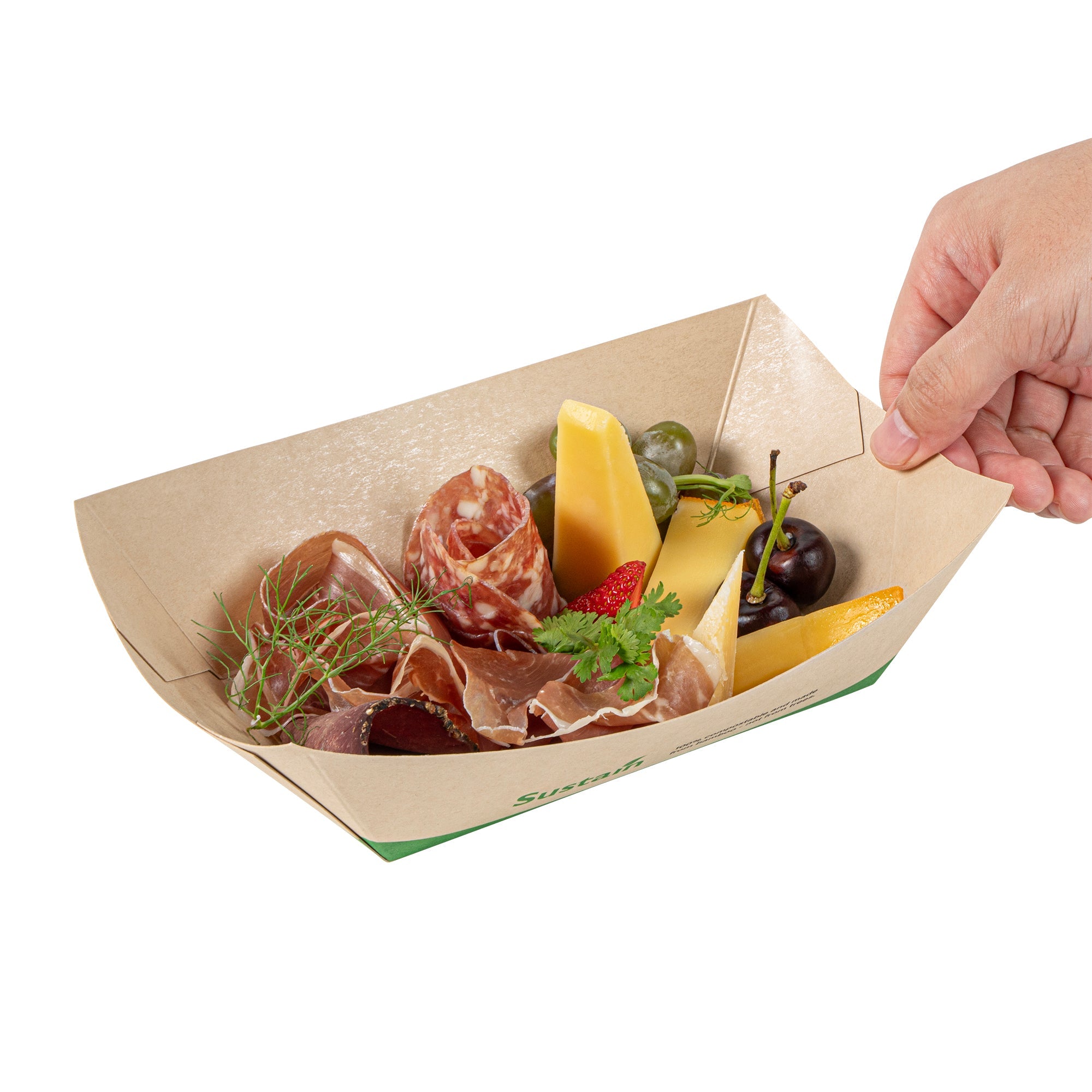 Sustain 1 lb Bamboo Paper #100 Food Tray / Boat - with PLA Lining, Compostable - 5 1/2" x 3 1/2" x 2" - 200 count box
