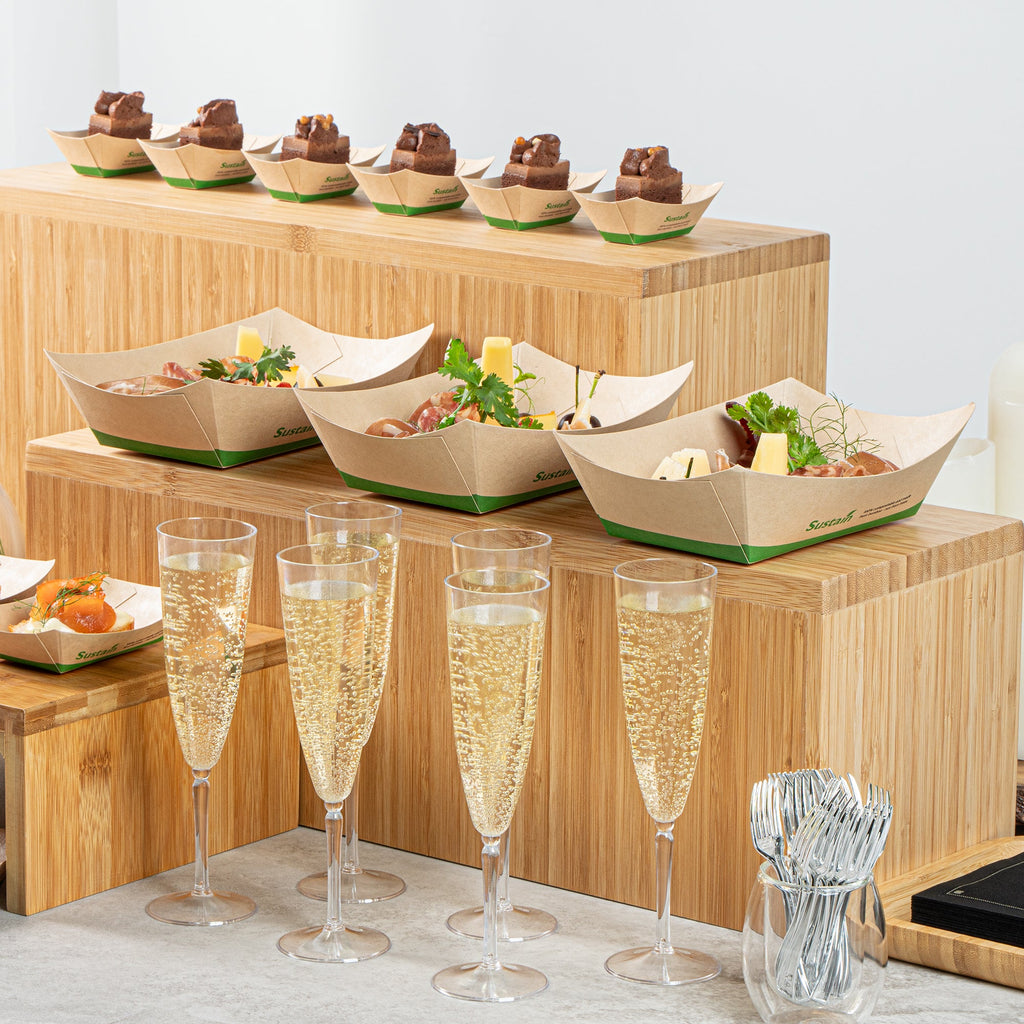 Sustain 1 lb Bamboo Paper #100 Food Tray / Boat - with PLA Lining, Compostable - 5 1/2" x 3 1/2" x 2" - 200 count box
