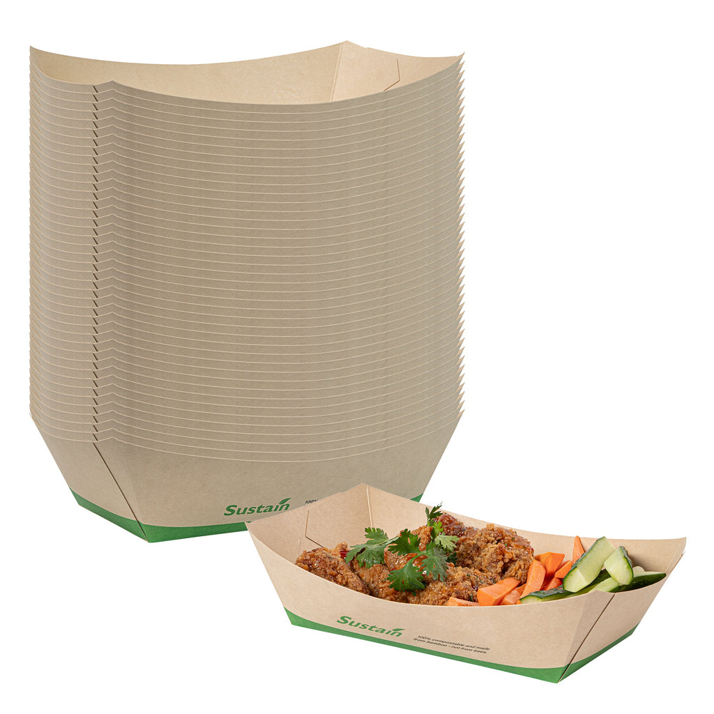Sustain 2 lb Bamboo Paper #200 Food Tray / Boat - with PLA Lining, Compostable - 6 1/2" x 3 3/4" x 2 1/4" - 200 count box