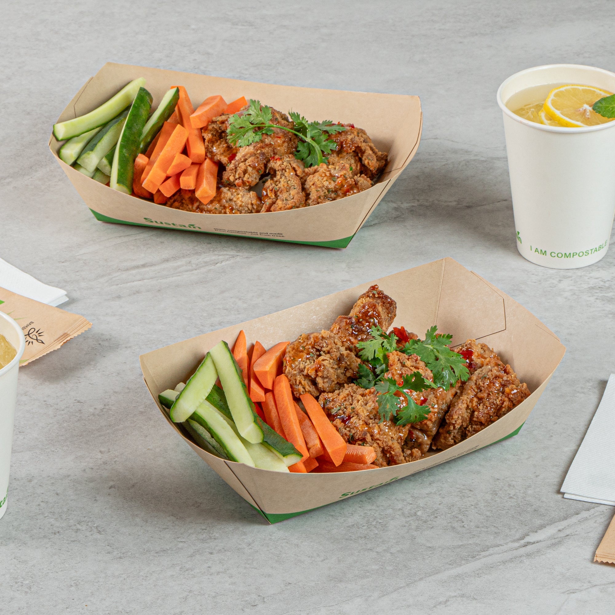 Sustain 2 lb Bamboo Paper #200 Food Tray / Boat - with PLA Lining, Compostable - 6 1/2" x 3 3/4" x 2 1/4" - 200 count box
