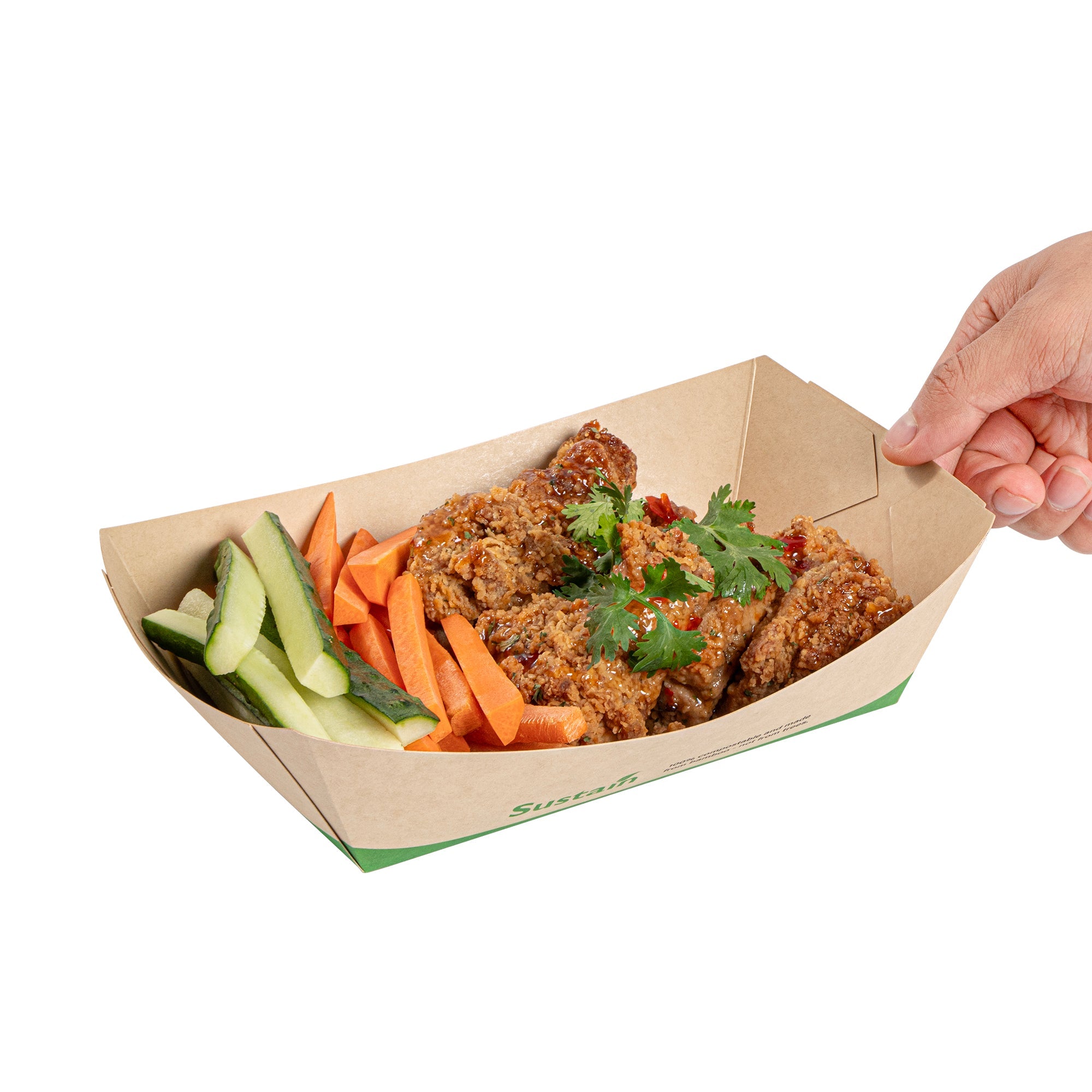 Sustain 2 lb Bamboo Paper #200 Food Tray / Boat - with PLA Lining, Compostable - 6 1/2" x 3 3/4" x 2 1/4" - 50 count box