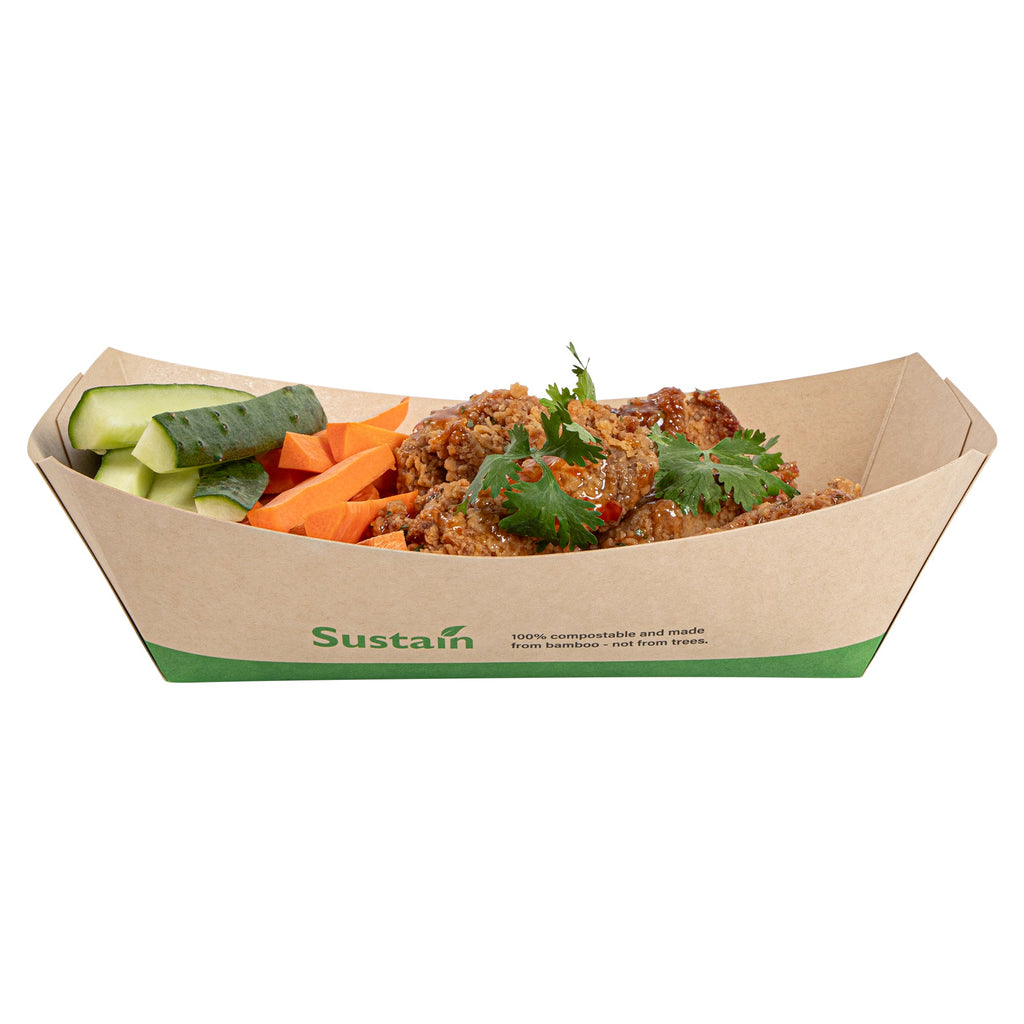 Sustain 2 lb Bamboo Paper #200 Food Tray / Boat - with PLA Lining, Compostable - 6 1/2" x 3 3/4" x 2 1/4" - 50 count box