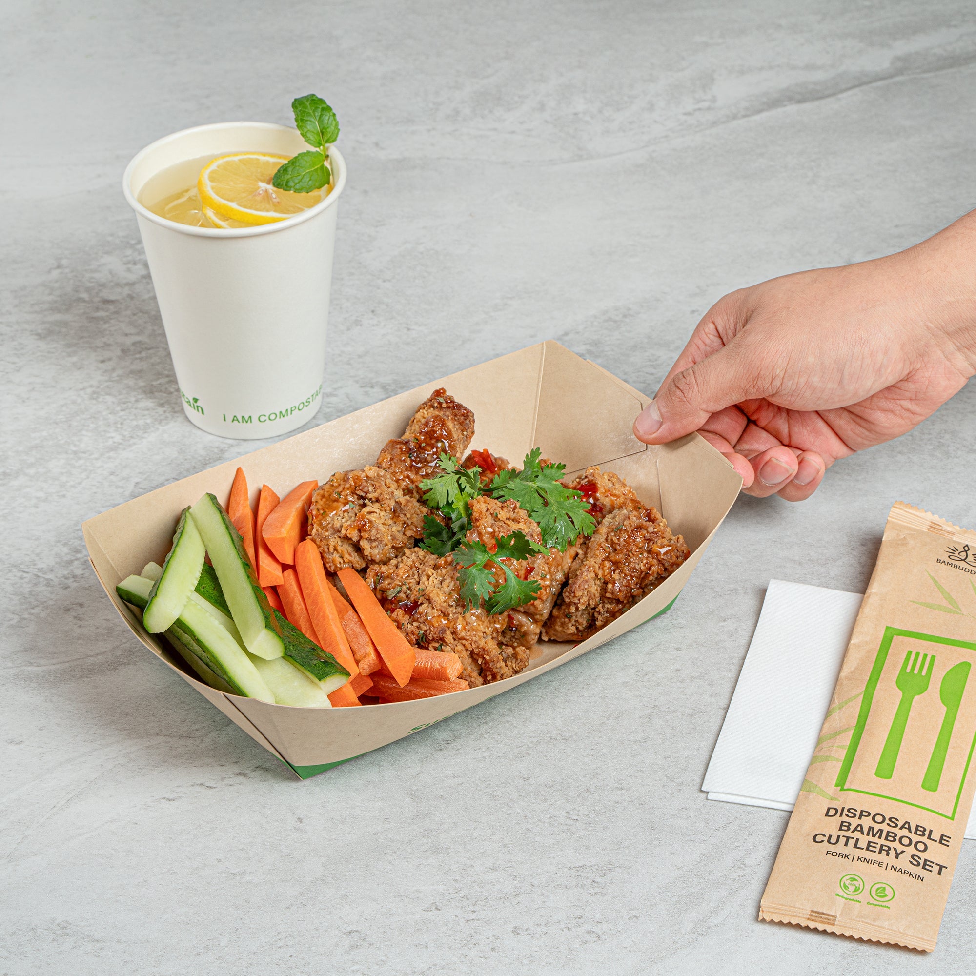 Sustain 2 lb Bamboo Paper #200 Food Tray / Boat - with PLA Lining, Compostable - 6 1/2" x 3 3/4" x 2 1/4" - 50 count box