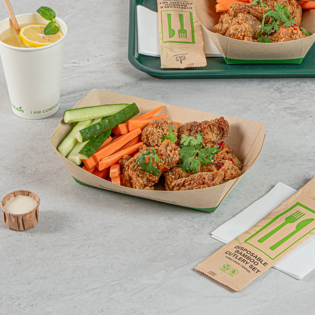 Sustain 2 lb Bamboo Paper #200 Food Tray / Boat - with PLA Lining, Compostable - 6 1/2" x 3 3/4" x 2 1/4" - 50 count box
