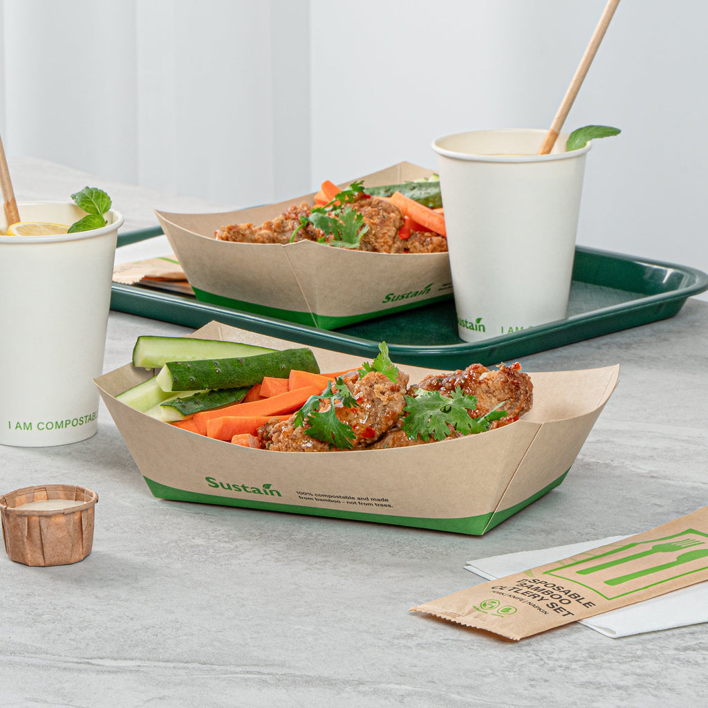 Sustain 2 lb Bamboo Paper #200 Food Tray / Boat - with PLA Lining, Compostable - 6 1/2" x 3 3/4" x 2 1/4" - 50 count box