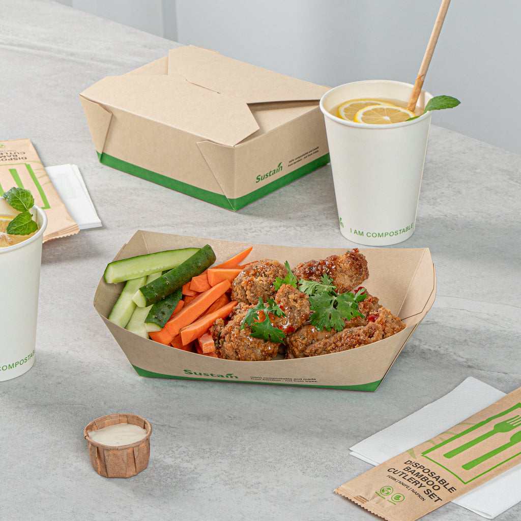 Sustain 2 lb Bamboo Paper #200 Food Tray / Boat - with PLA Lining, Compostable - 6 1/2" x 3 3/4" x 2 1/4" - 50 count box