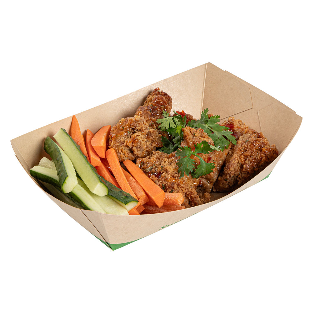 Sustain 2 lb Bamboo Paper #200 Food Tray / Boat - with PLA Lining, Compostable - 6 1/2" x 3 3/4" x 2 1/4" - 200 count box